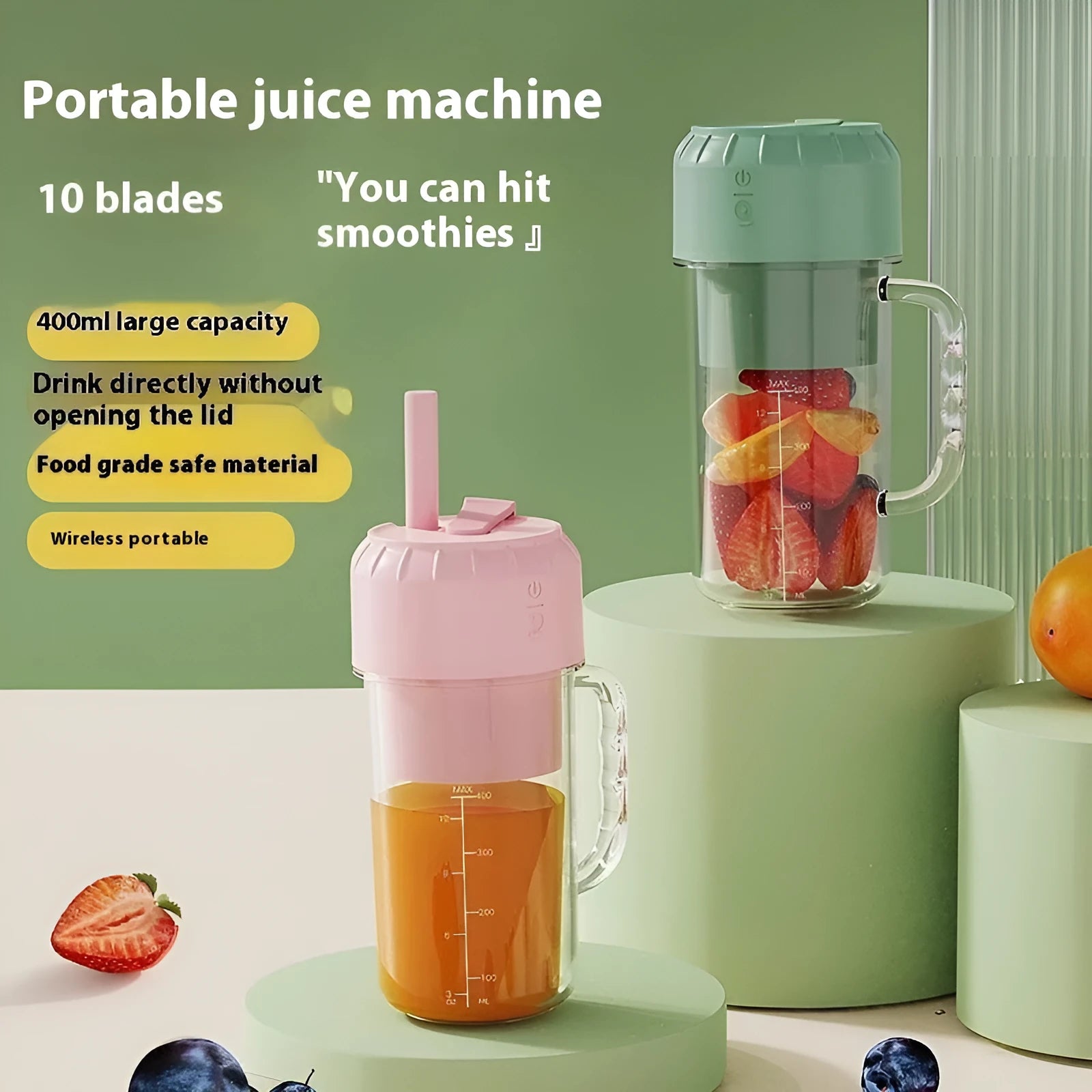 Household multifunction juicer with USB charging in cherry blossom pink or avocado green colours