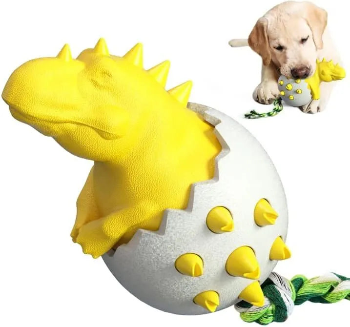 Blue durable rubber dinosaur dog chew toy with rope for aggressive chewers