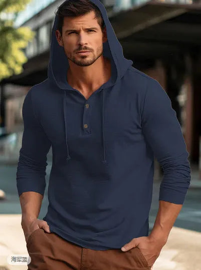 Cotton casual sports hoodie top in dark blue colour with pullover design and long sleeves