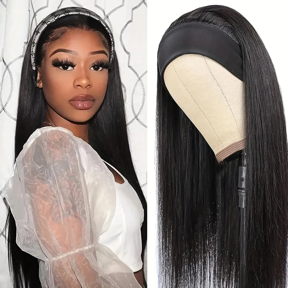 Headband wig with long straight or curly high temperature fibre hair in black or wine red colours