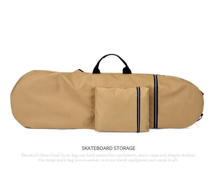 Lightweight waterproof nylon skateboard bag in camouflage green, showing large main compartment.
