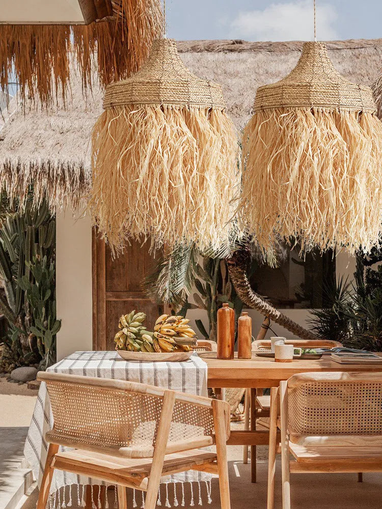 Southeast Asian style pendant light with a 50cm woven rattan and willow shade