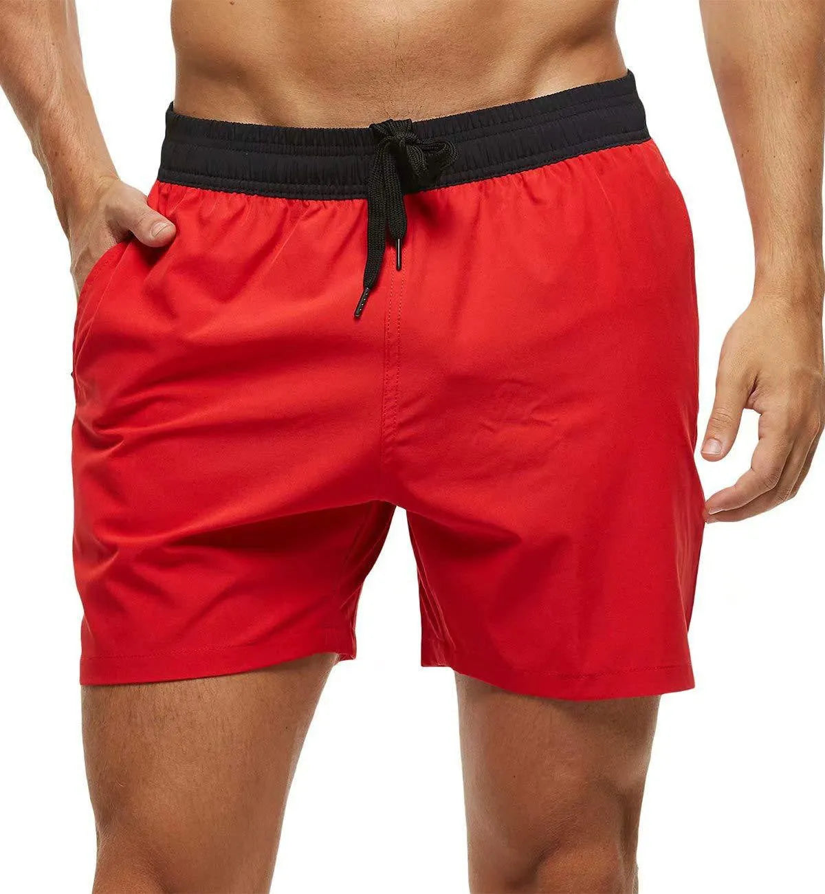 Men's blue running shorts with stitching waistband, zipper pocket, and drawstring for fitness activities
