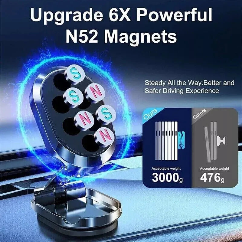 Chrome stainless steel magnetic car phone holder with foldable bracket and dashboard mount