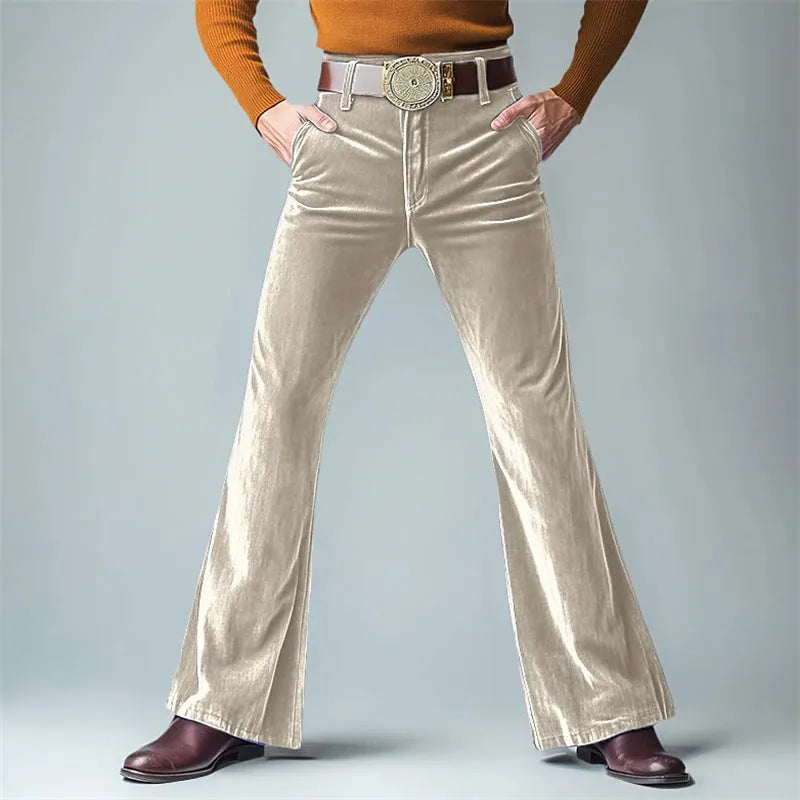 Men's gold velvet slim flared suit trousers in polyester blend fabric