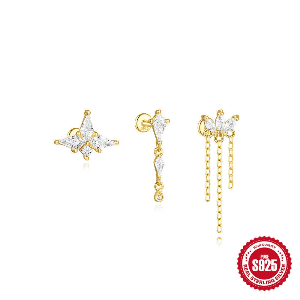 S925 sterling silver geometric kite shaped earrings with chain tassel and rhinestone detailing in gold tone finish