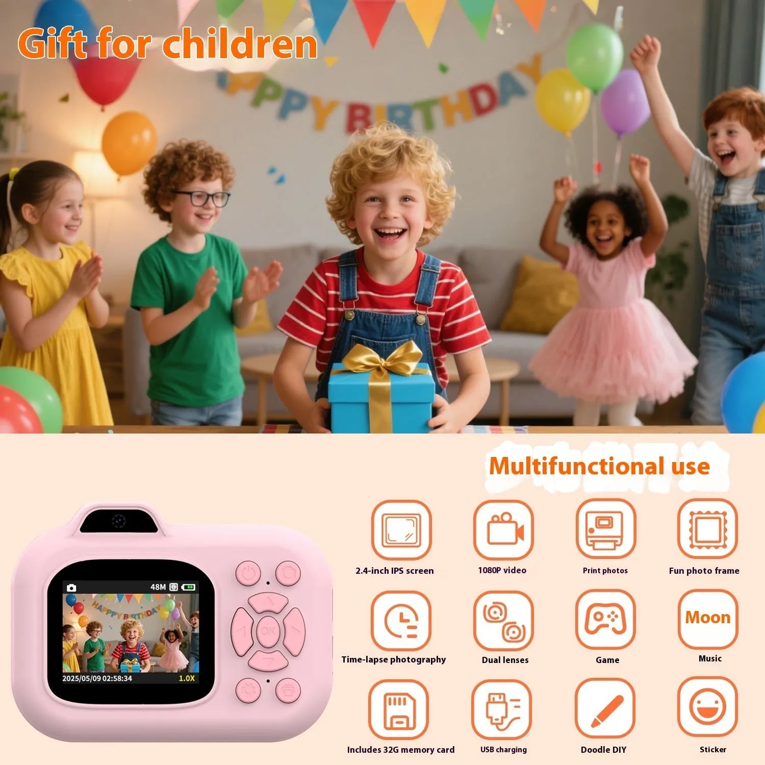 Blue children's digital camera toy with video recording, games, and photo sticker functions on a table.