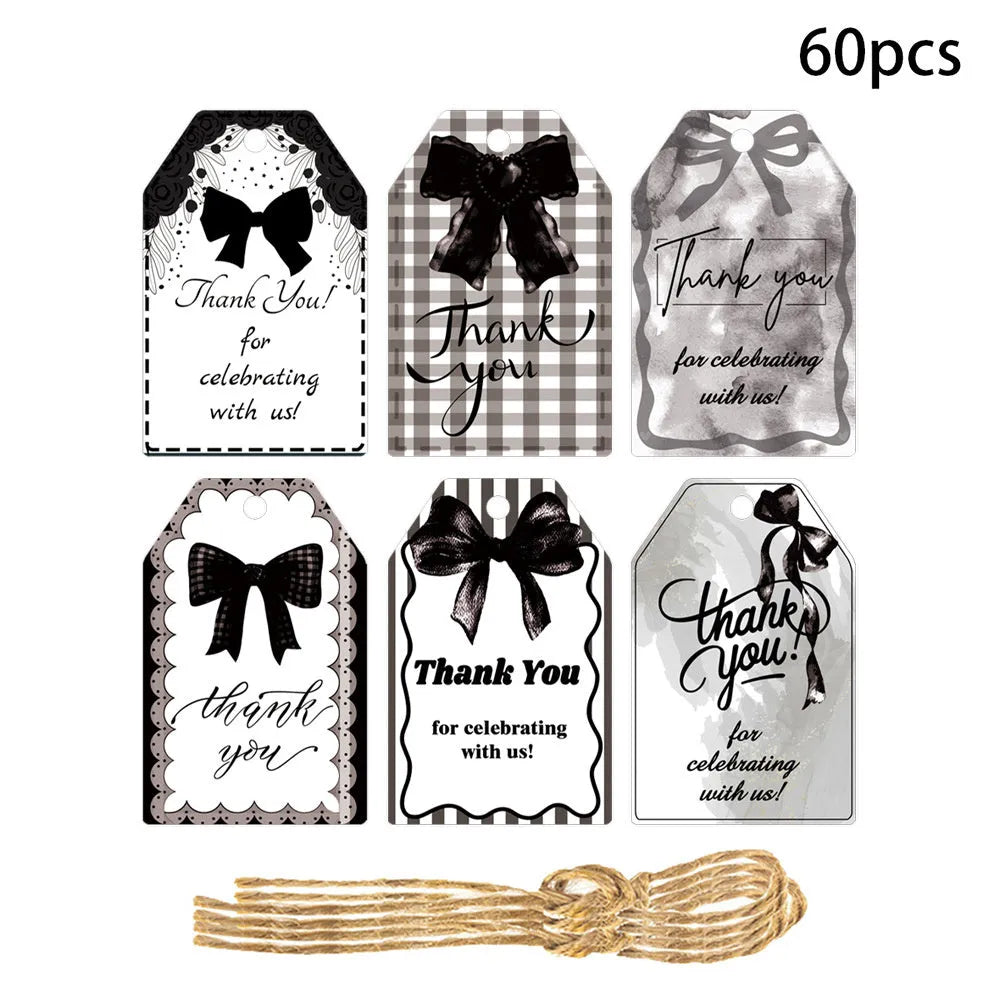Set of 60 birthday gift tags with hemp rope ties in floral, polka dot and striped designs