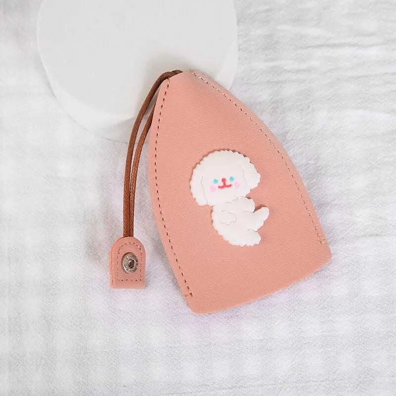 Cartoon design pull-out car key case made from soft PU leather, showing approximate size.