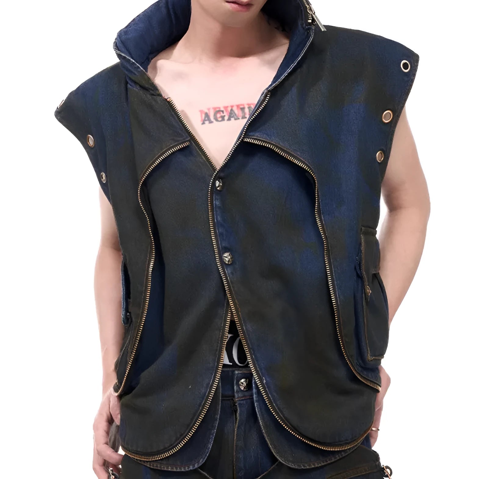 Blue Korean-style denim hooded vest coat with matching trousers laid flat.