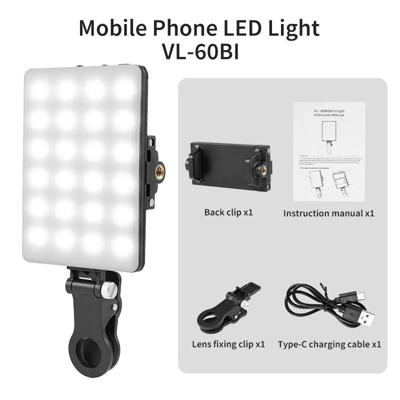 LED pocket fill light clipped onto mobile phone for photography and live broadcast lighting