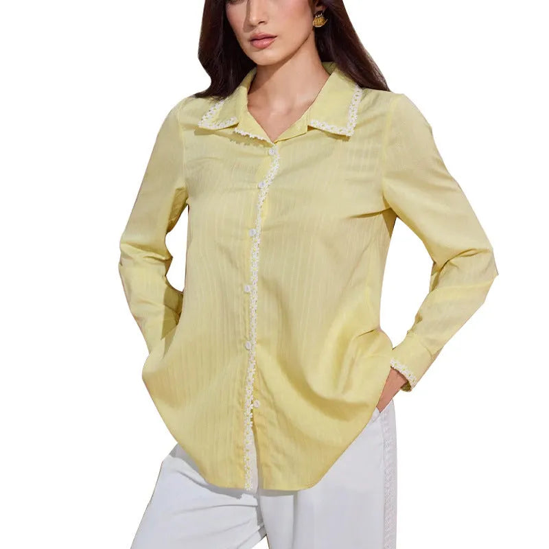 Yellow polyester lace cardigan top with long sleeves and stitching details