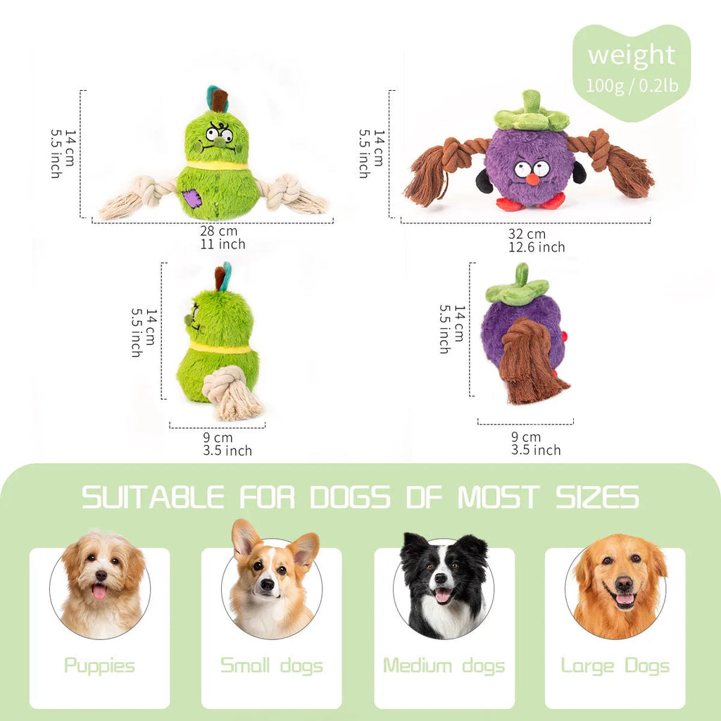 Green interactive dog toy with plush rope knot and white molar tooth chew element