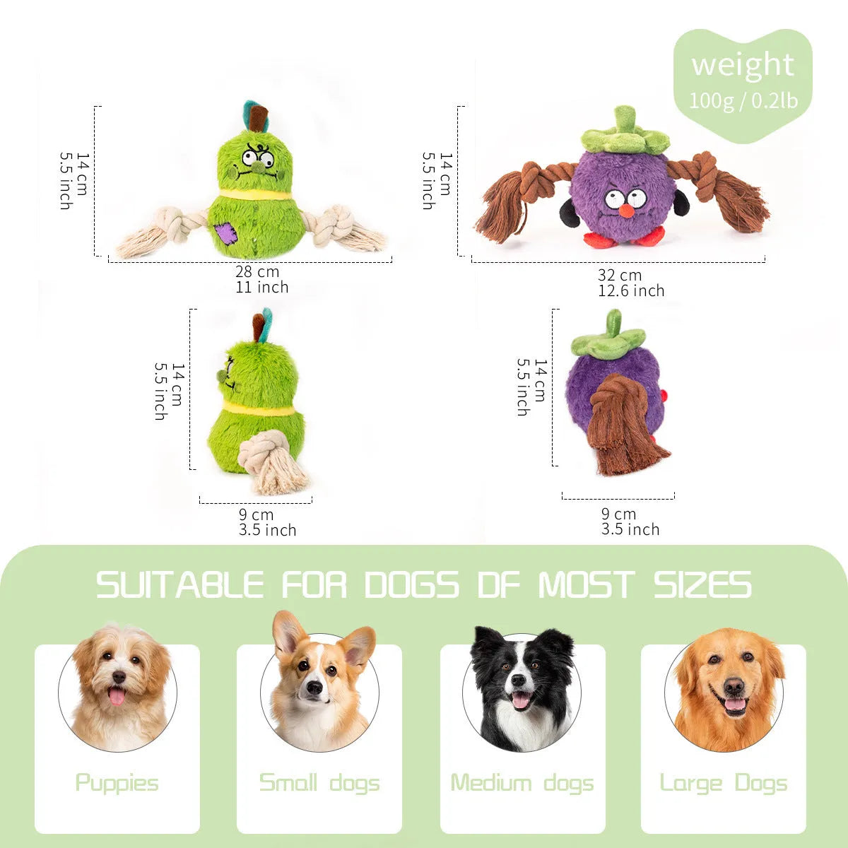 Green interactive dog toy with plush rope knot and white molar tooth chew element