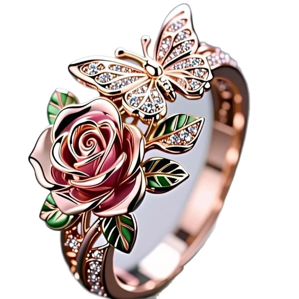 Adjustable butterfly and floral ring with dripping oil colour finish on alloy metal
