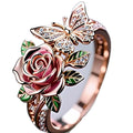 Adjustable butterfly and floral ring with dripping oil colour finish on alloy metal