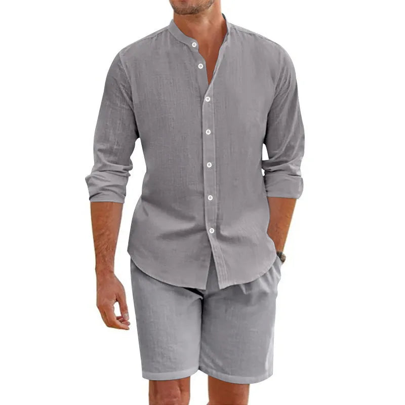 Men's linen blend summer set with lapel shirt and drawstring shorts in multiple colour options