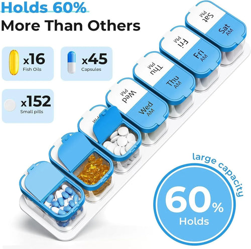 Amazon pill box dispenser showing 14 detachable compartments in rainbow colour with dimensions 327x65x49mm