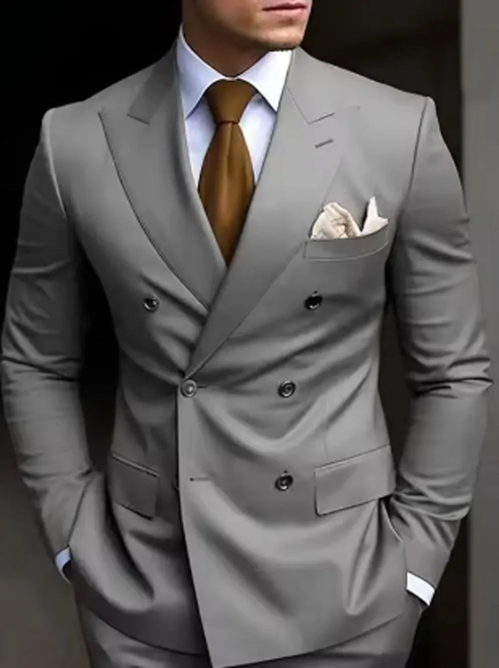 Men's grey Korean style slim fit two-piece business suit on a hanger.