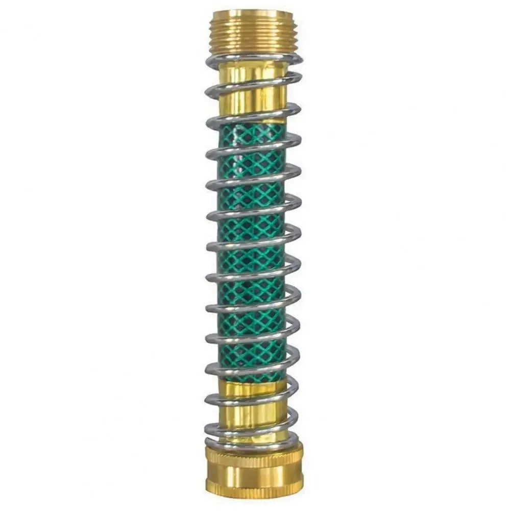Brass spring hose connector for garden irrigation with 15cm length and threaded connections