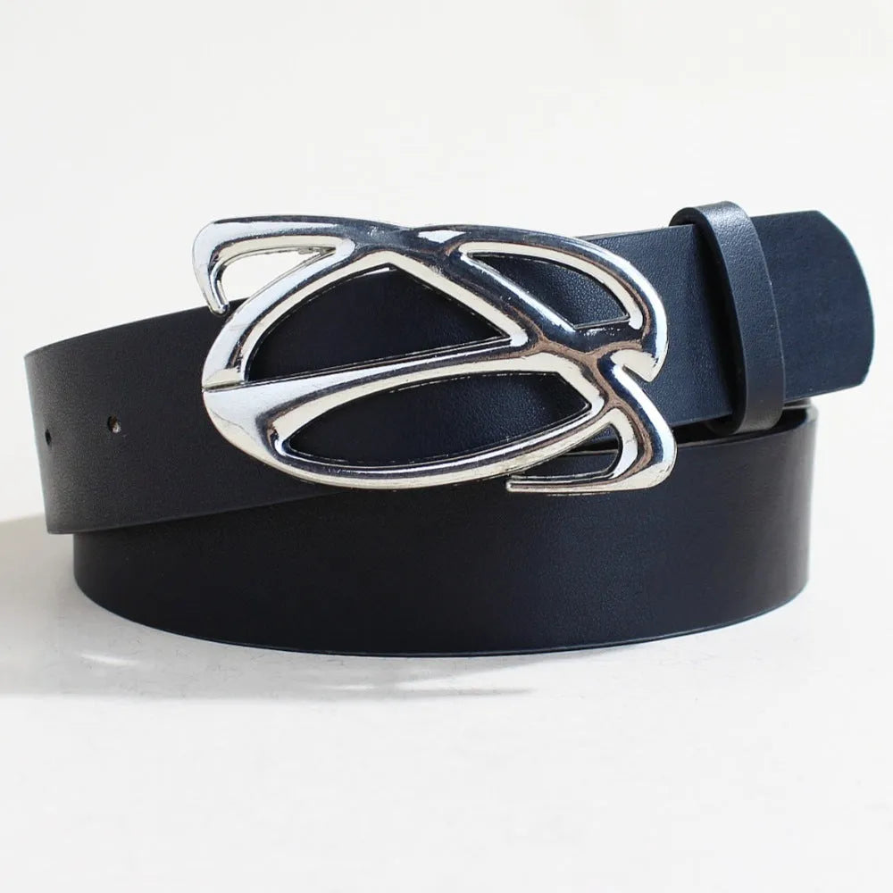 Men's casual PU leather belt with silver alloy buckle showing 3.3cm width and snap-button fastening