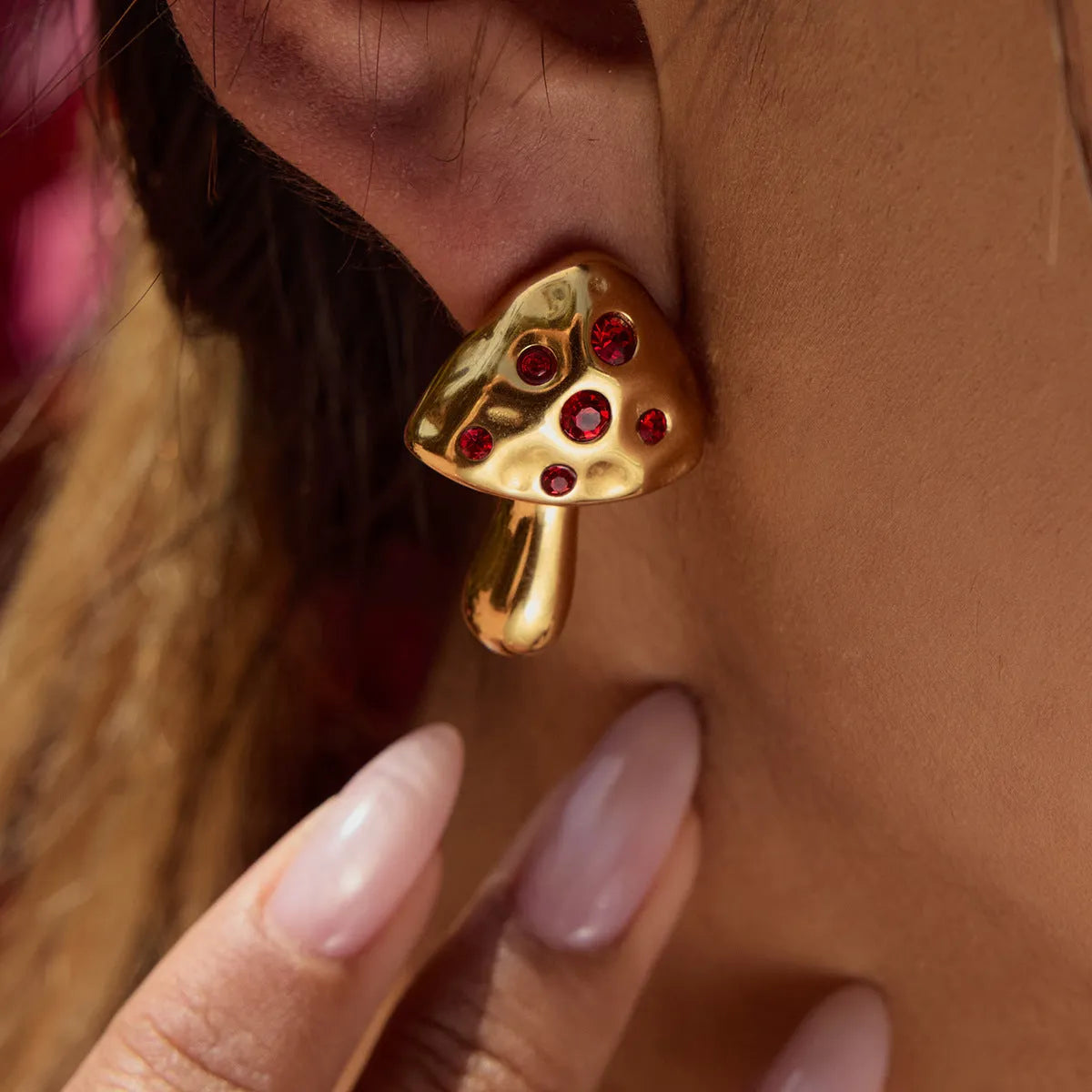 Inlaid zircon mushroom design stainless steel earrings for women geometric shape