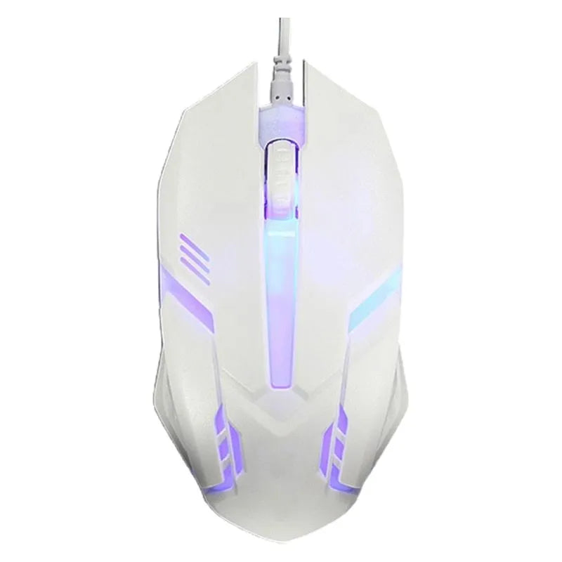 Wired black and white luminous computer mouse with USB cable on desktop