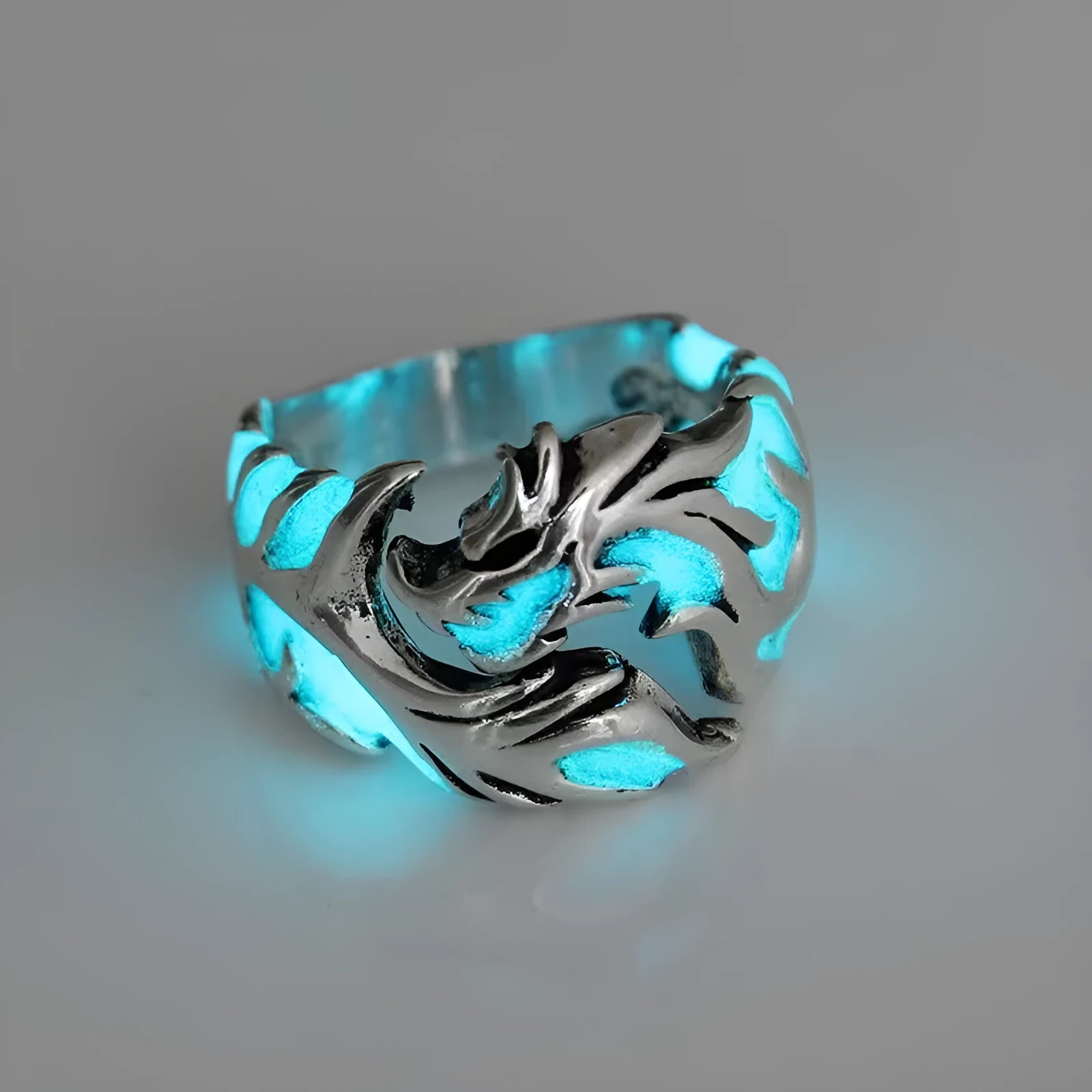 Adjustable Chinese dragon ring with luminous ancient silver blue and green electroplated metal geometric design