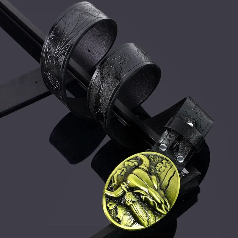Men's black imitation leather belt with a detailed silver alloy cow head buckle and pin fastening.