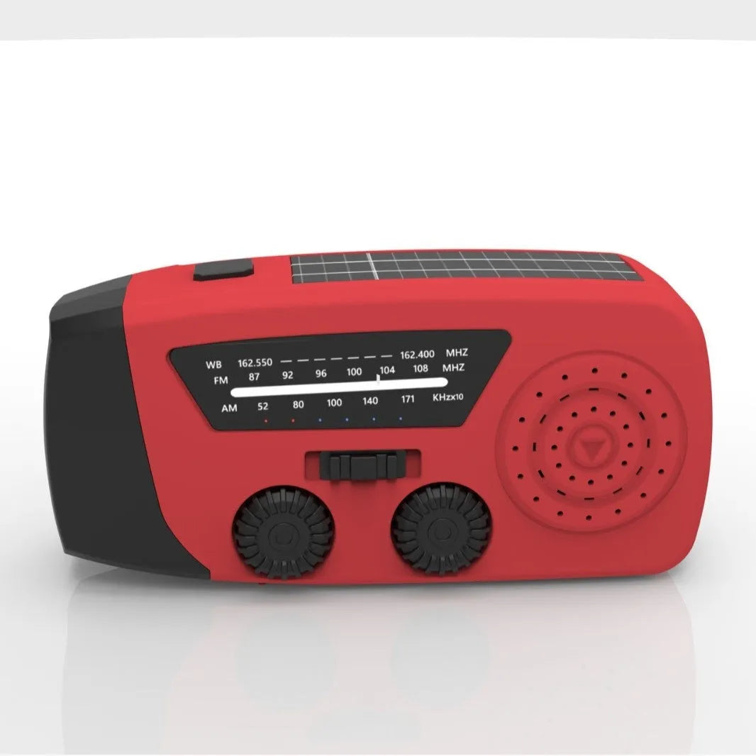 Red rechargeable hand radio torch with wrist strap and USB charging interface