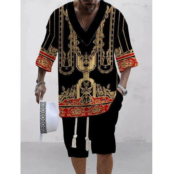 Loose casual short sleeve suit two-piece set in polyester fabric, showing top and shorts.