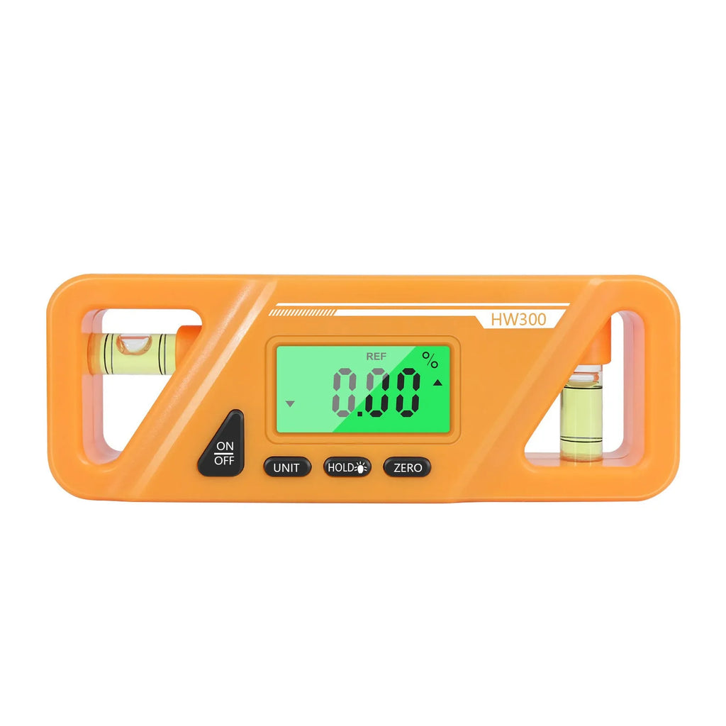 Digital magnetic inclinometer level gauge showing angle readout on display, placed on a metal surface.