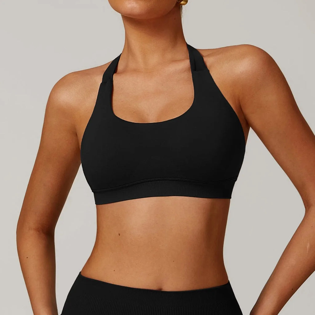 Women's halter style yoga sports bra in various colours with removable chest pads