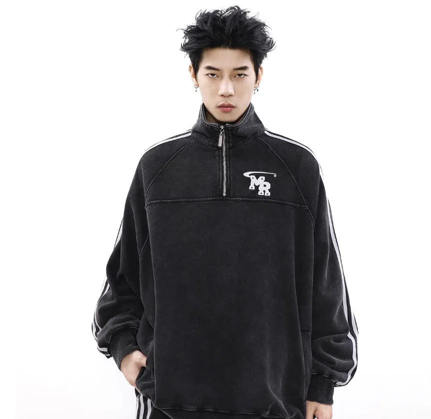 Black stand collar polyester sweatshirt in Hong Kong style for men's casual sports wear