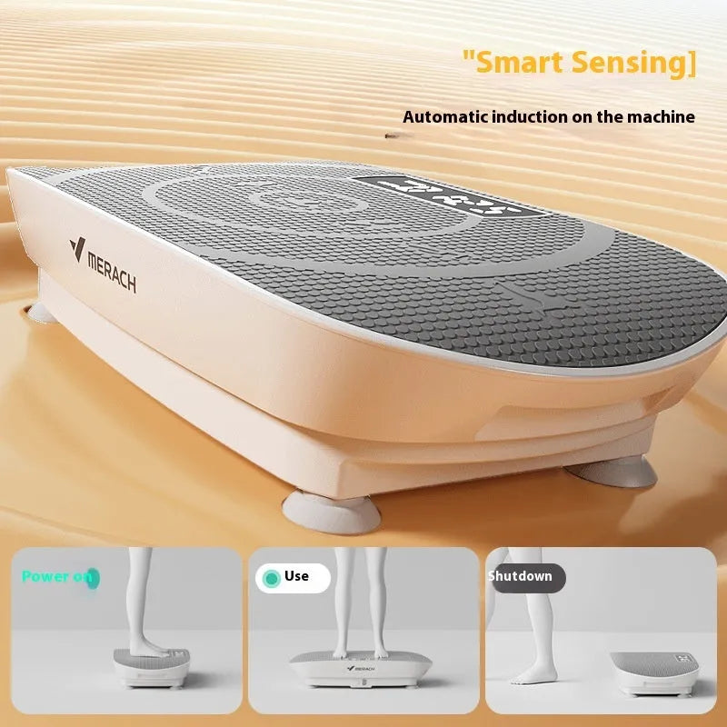 Grey portable smart power plate vibrating exercise machine with Bluetooth and US plug socket.
