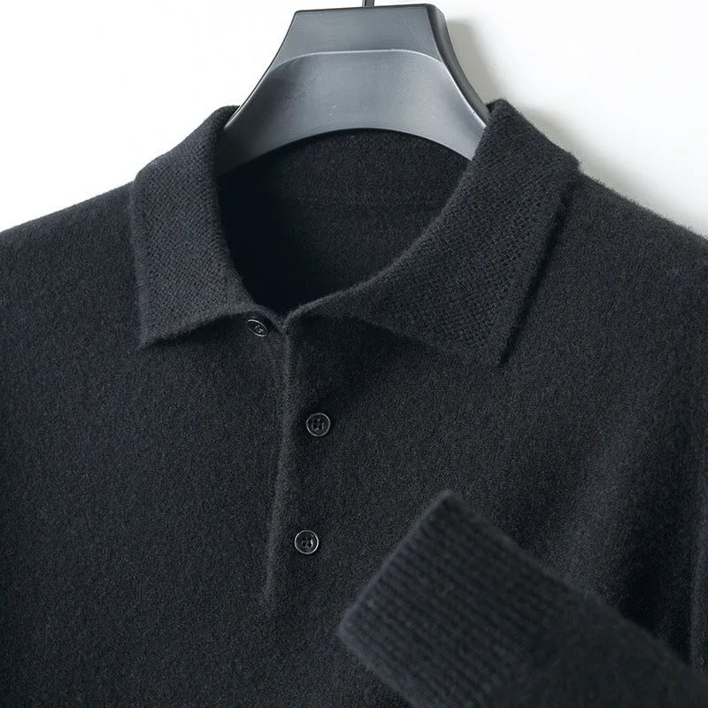 Men's wool pullover sweater with a polo collar in noble blue colour.