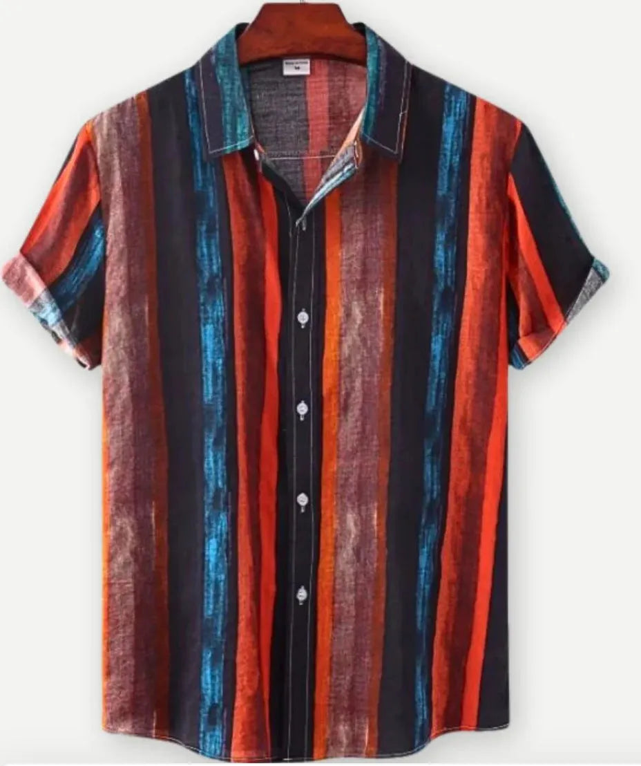 Man wearing a short sleeve Hawaiian floral print shirt with a lapel neckline, showcasing the digital print pattern.