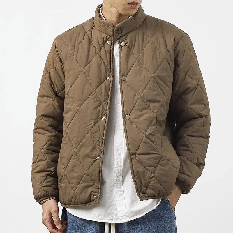 Men's black diamond lattice quilted acrylic winter jacket with extended length