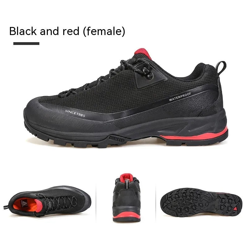 Men's low-top mountain climbing hiking boots with rubber outsole and lace-up front