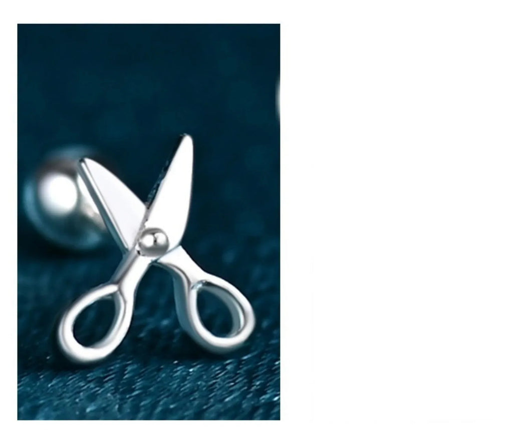 S999 pure silver ear nail piercing with screw fastening and mini scissors decoration