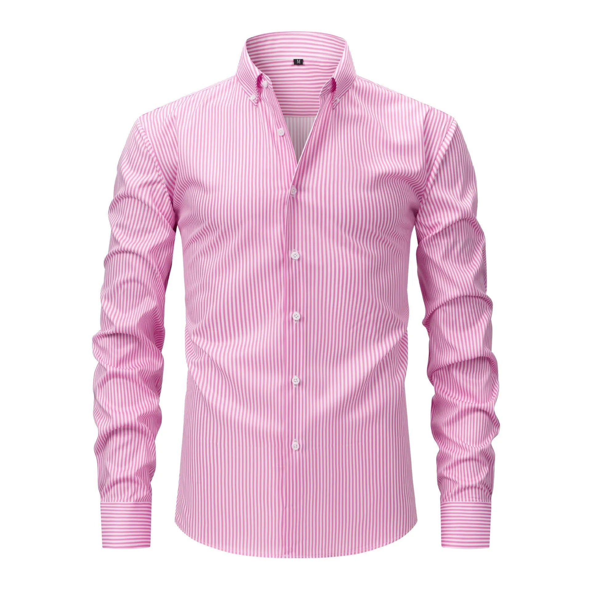 Man wearing a striped non-iron business casual shirt with a lapel collar.