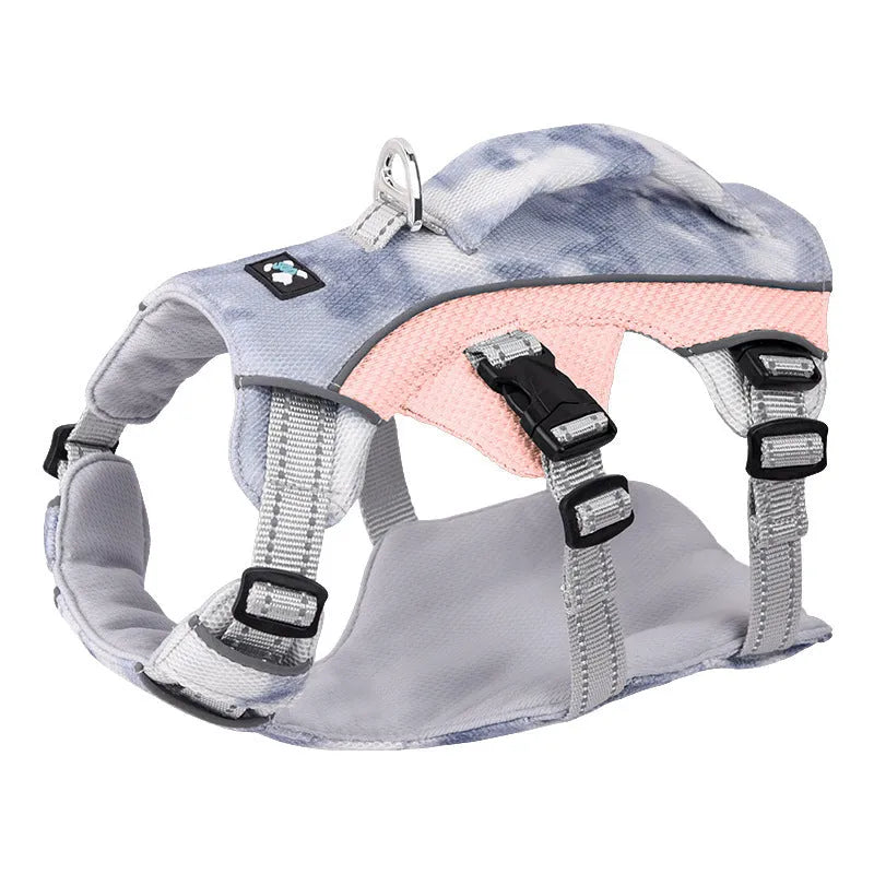 Reflective light blue polyester cooling vest and chest strap harness for a dog on a summer walk.