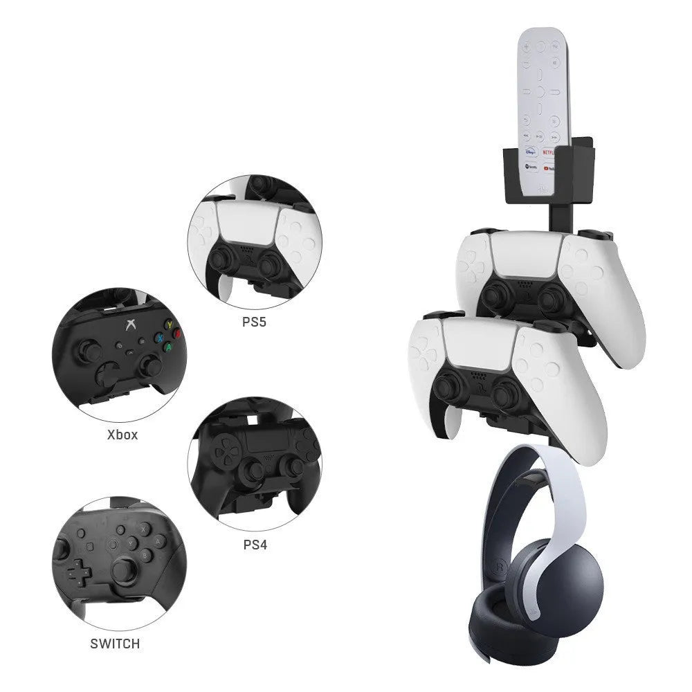 White ABS plastic wall hook holding a game controller and a black gaming headset.