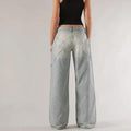 Women's blue cotton loose straight wide leg mop trousers with low-waist stitching design laid flat