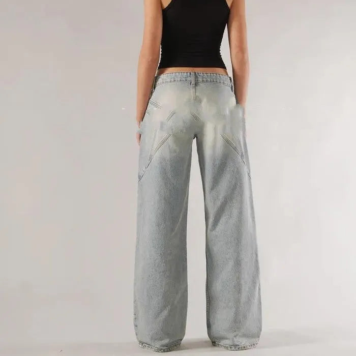 Women's blue cotton loose straight wide leg mop trousers with low-waist stitching design laid flat