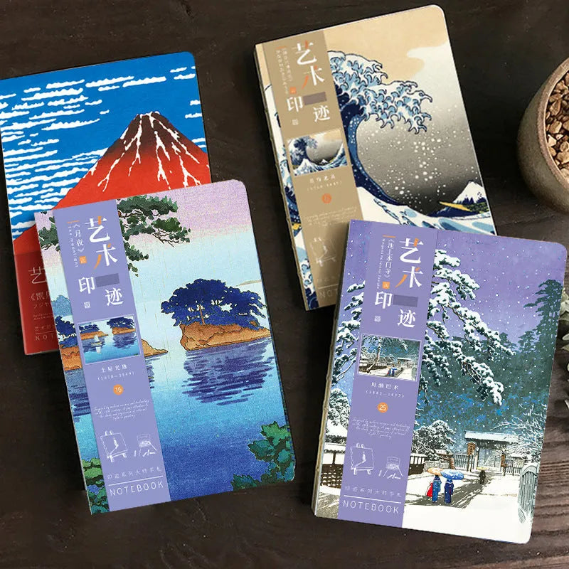Ukiyo-e series hand ledger notebook showing Japanese art cover and open writing pages