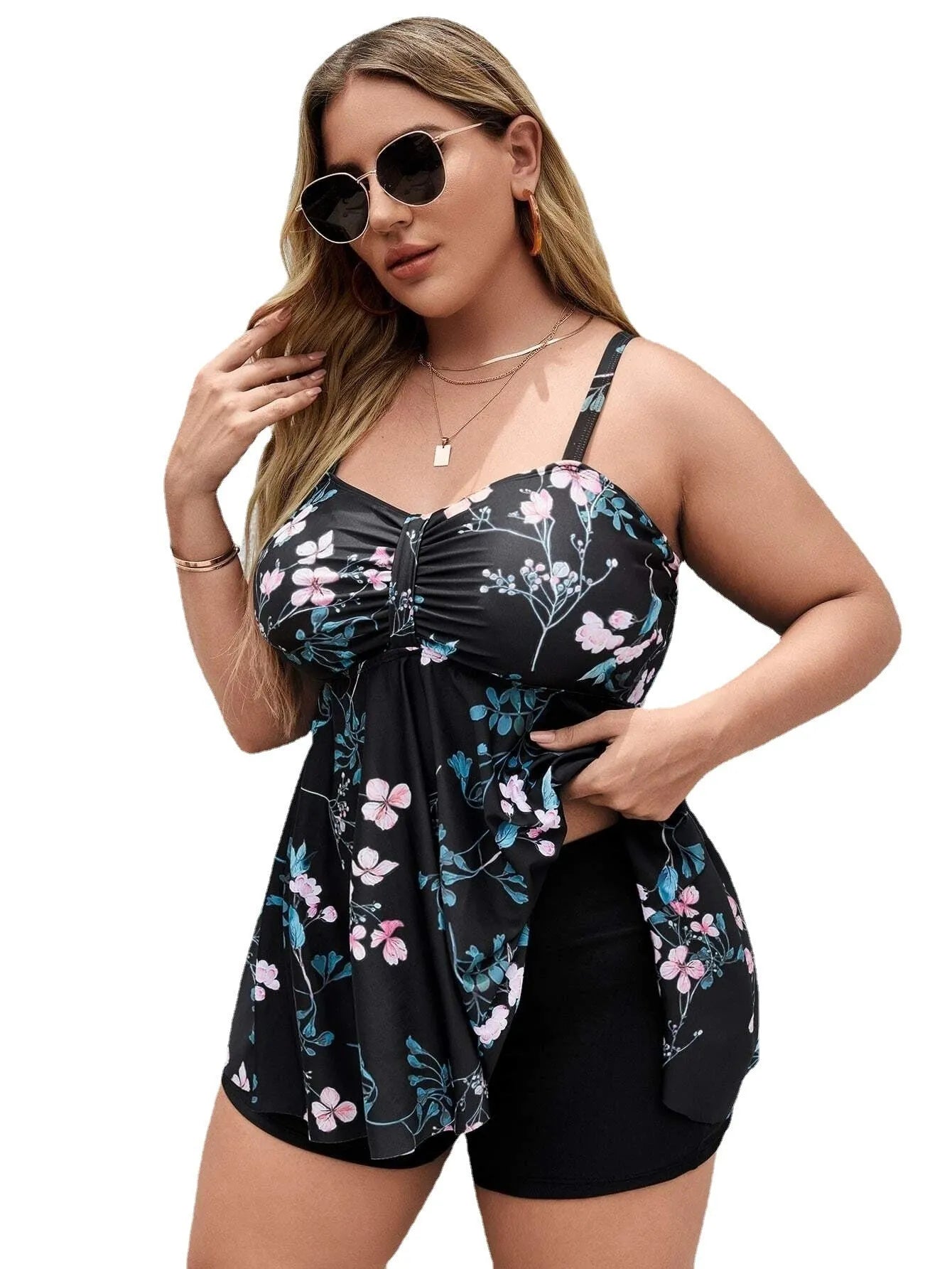 Women's floral print one-piece swimsuit with split colour design in plus sizes.