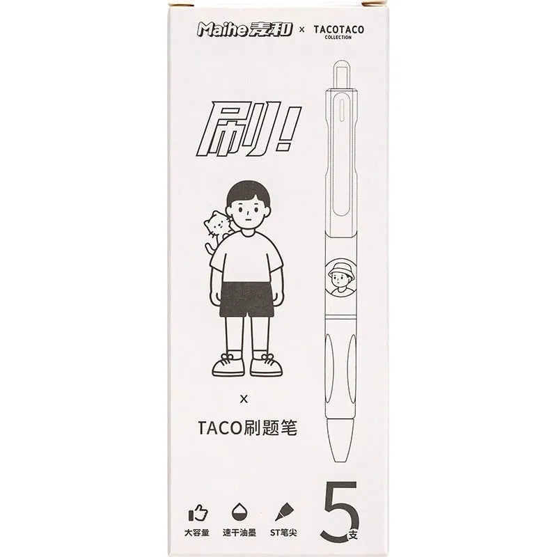 Five black ballpoint pens with 0.5mm tips for quick-drying writing