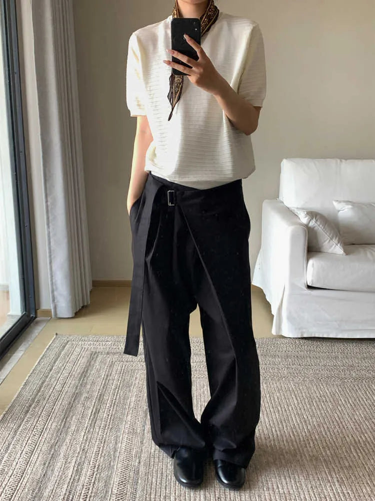 Black straight-leg trousers with adjustable waistband and single pleat front detail
