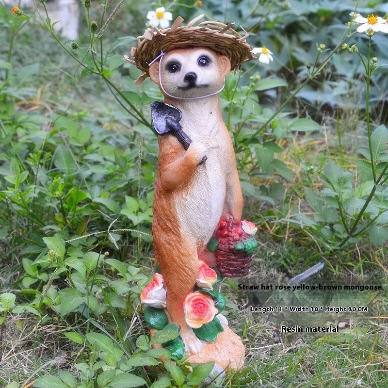 Plastic resin mongoose garden ornament with straw hat in three colour variations